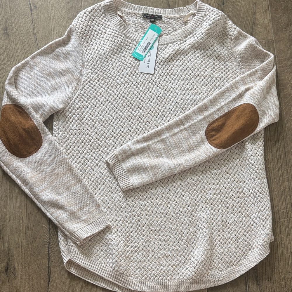 Women's Cream Sweater with Brown Elbow Patches